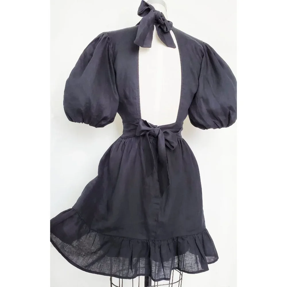 Faithfull The Brand Womens Black Linen Tie Back Dress Balloon Sleeves 6 - Picture 8 of 11